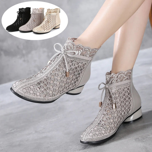 Spring Summer Ankle Boots Rhinestones Sandals Mesh Boots Hollow Women's Shoes Genuine Leather