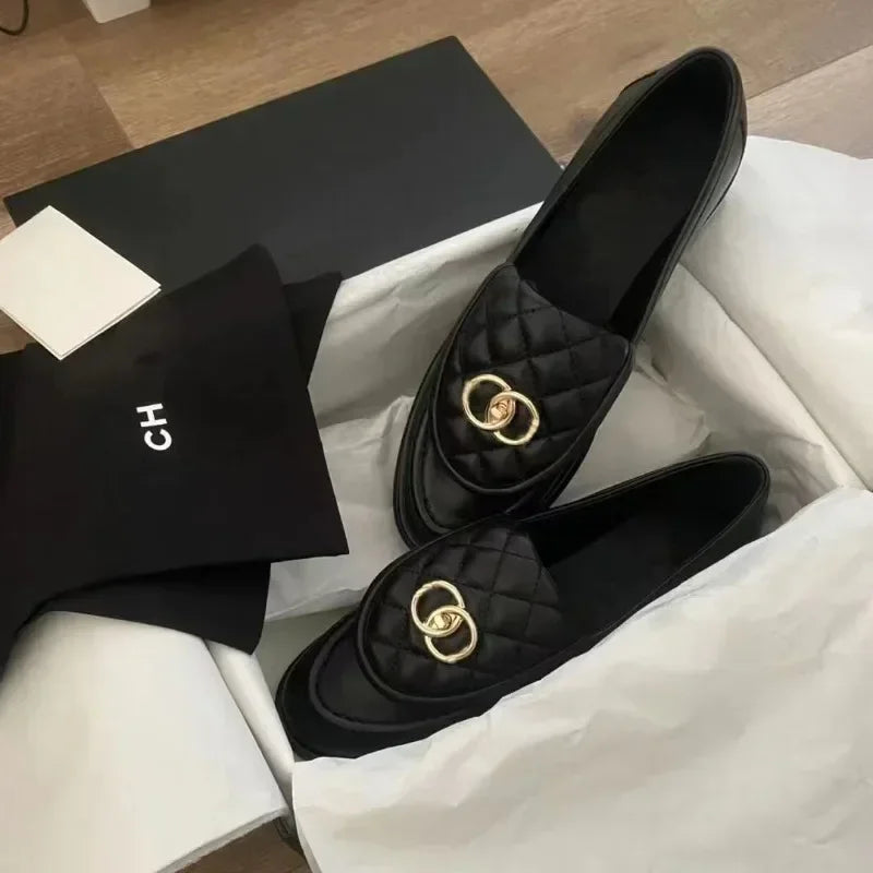Black Chunky Heel Loafer Shoes  Women Autumn Thick Sole Slip-on Leather Shoes