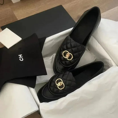 Black Chunky Heel Loafer Shoes  Women Autumn Thick Sole Slip-on Leather Shoes