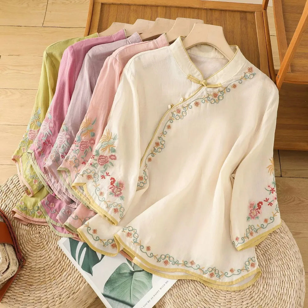 Casual Loose Blouse Shirt Women  Vintage Embroidery Woman Shirt