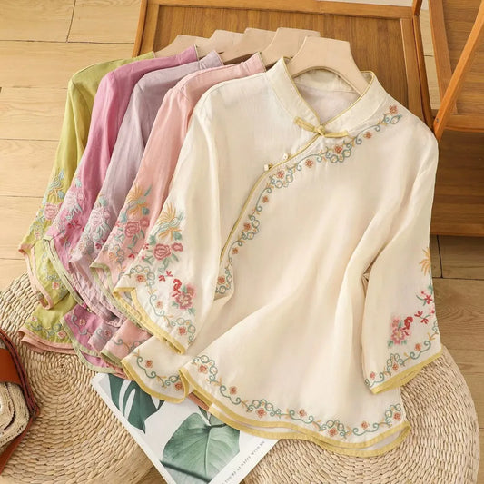 Casual Loose Blouse Shirt Women  Vintage Embroidery Woman Shirt