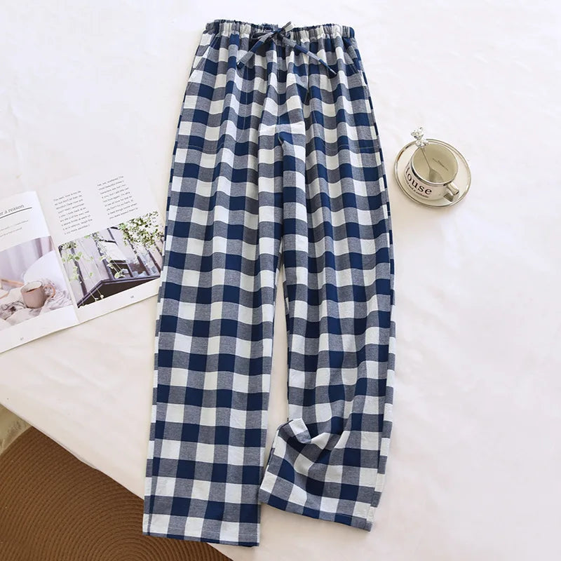 Spring and Autumn Men's Sleeper Pants 100% Cotton Checkered Pants Elastic Waist Home Pants Sleepwear