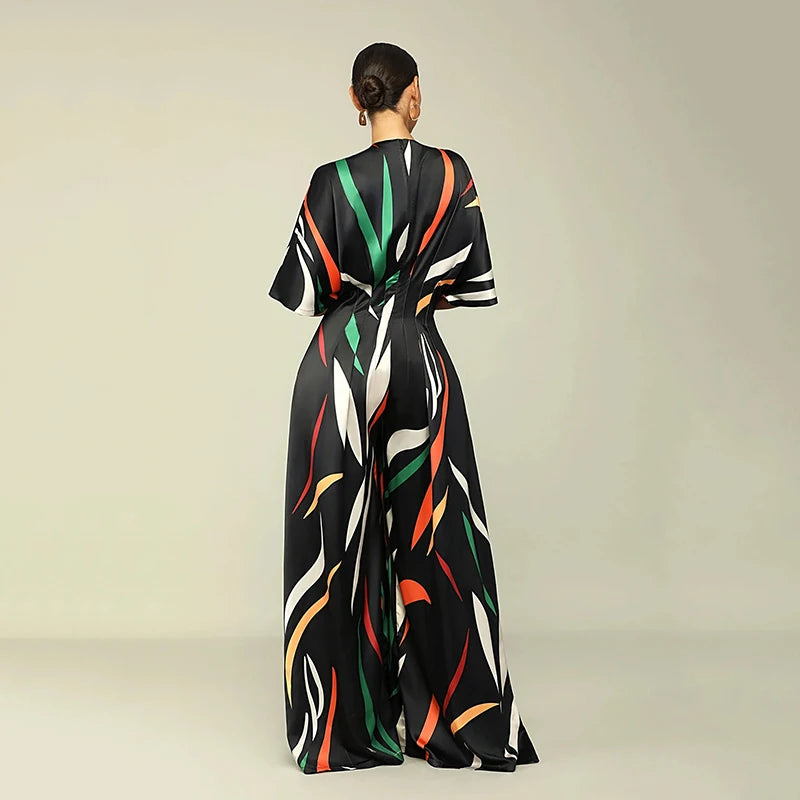 Women Spring / Autumn Half Sleeve Print V-neck High Waist Fashion  Jumpsuit