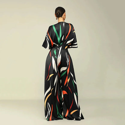 Women Spring / Autumn Half Sleeve Print V-neck High Waist Fashion  Jumpsuit