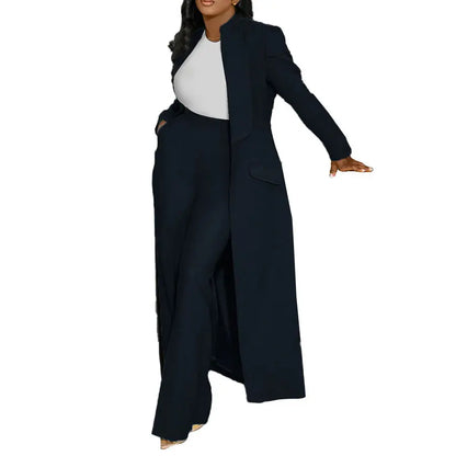 Women's Set Full Sleeve X-Long Blazer Coat+ Long Pant Suit