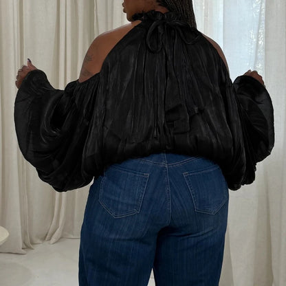 Shiny Plus Size Blouse Women Halter Neck Loose Long Lantern Sleeve Sexy Casual Holiday Evening Party Shirt