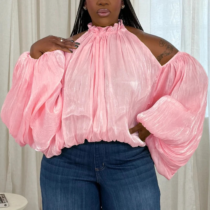 Shiny Plus Size Blouse Women Halter Neck Loose Long Lantern Sleeve Sexy Casual Holiday Evening Party Shirt