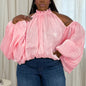 Shiny Plus Size Blouse Women Halter Neck Loose Long Lantern Sleeve Sexy Casual Holiday Evening Party Shirt