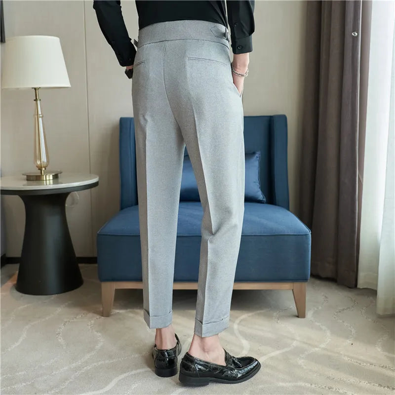 High Waist Men Suit Pants 2023 British Style Casual Dress Pants Men Slim Fit Trousers Formal Office Wedding Party Pantalon Homme