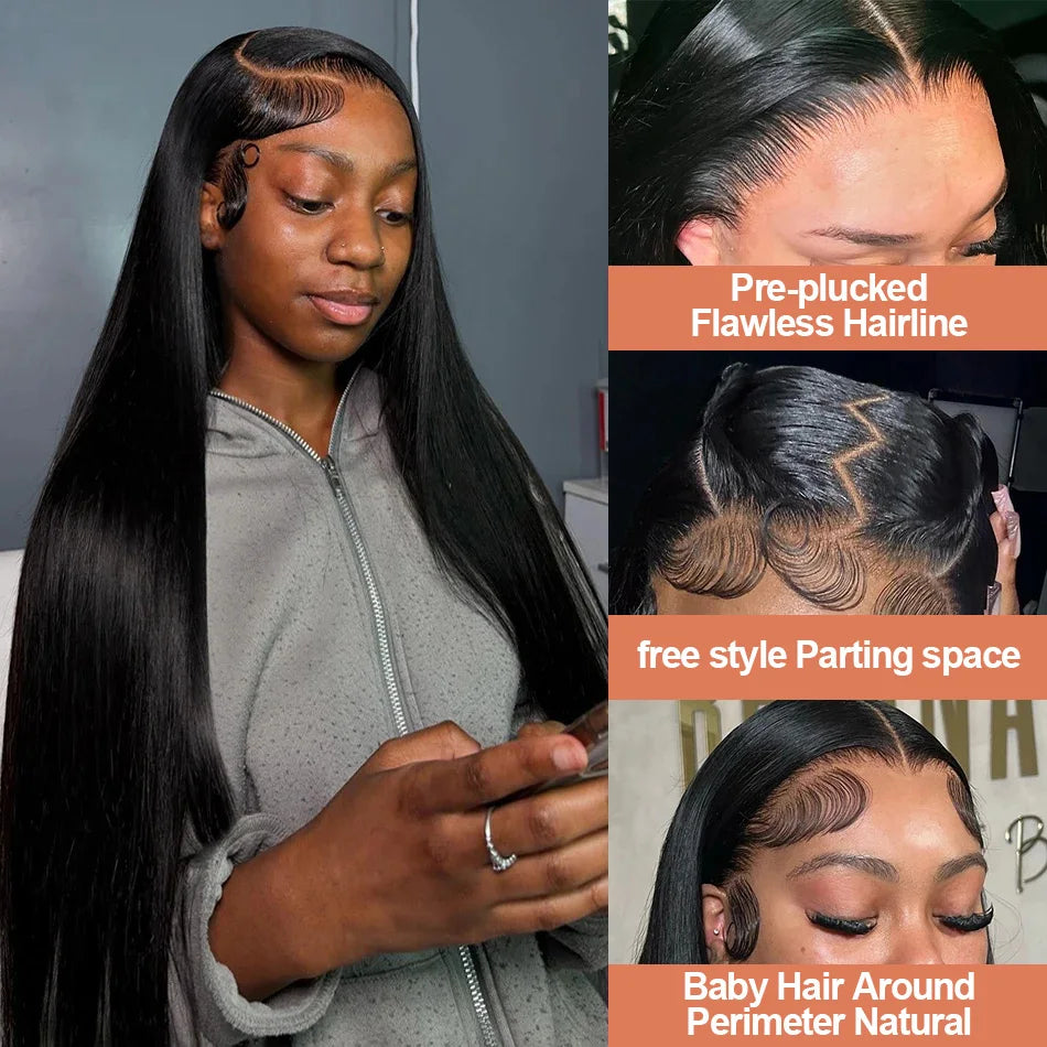 30 40 Inches 13x6 HD Transparent Lace Frontal Wigs Bone Straight  Pre Plucked Human Hair Wigs For Women