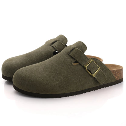 Women's Suede Mules Slippers Men Clogs Cork Insole Sandals With Arch Support