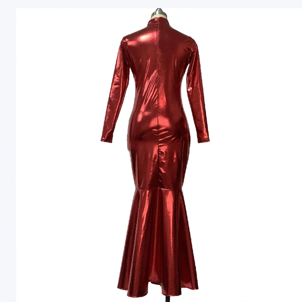 Shiny Metallic Party Evening Gown Dress High Neck Long Sleeve Mermaid Dress