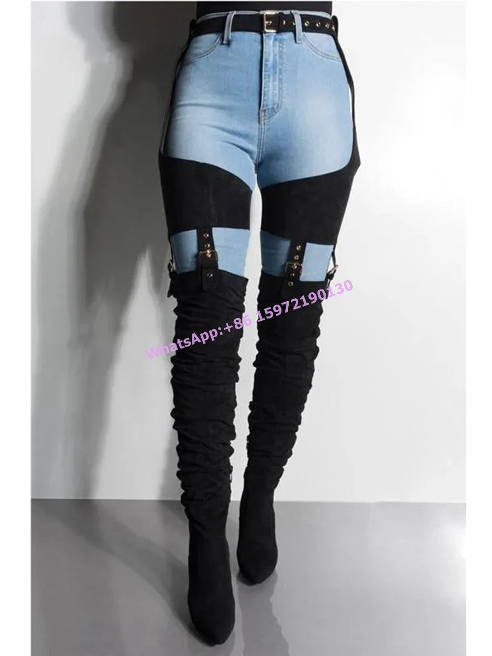 Buckle Belt Hollow Thigh High Boots Solid Chunky Heels