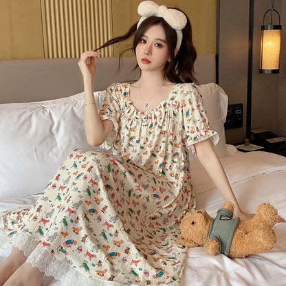 M-5XL Plus Size Sleep Dress for Women Sweet Summer Sleepwear Students Cute Print Nightgown Pajama Sleepshirt