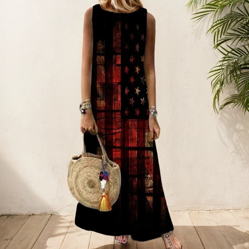 Elegant Printed O-Neck Sleeveless Women Dress  Loose Casual Beach Long Dresses Ladies Boho Maxi Dress