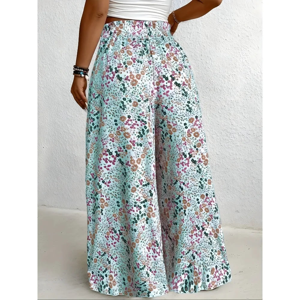 Plus Size 1XL-5XL Women Fashion Floral Print Wide Leg Pants