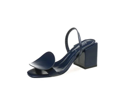 Women Roman Square Round Heel Open Toe Sandals Blue Black White Sandals