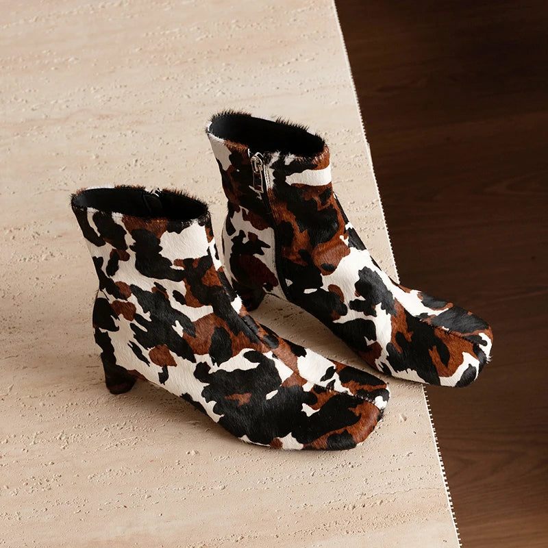 Genuine Leather Square Toe Ankle Boots