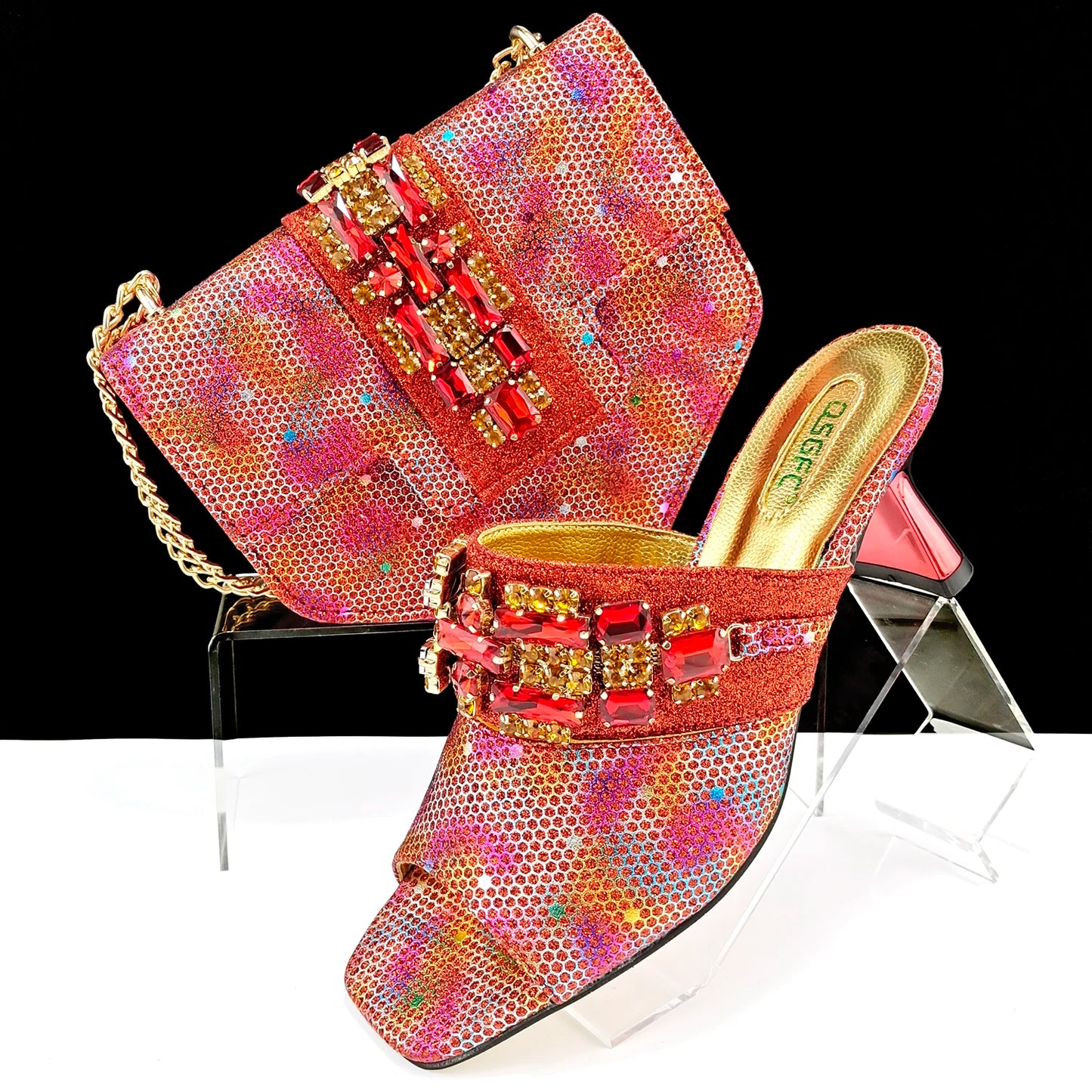Italian Fashion Square toe Women Strange Heels Bigger size Fashion Rhinestone Decoration Brown Shoes And Bag set Party bag
