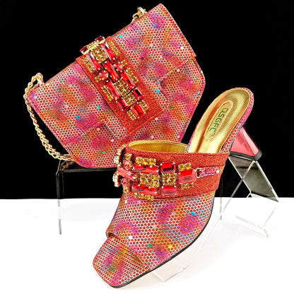 Italian Fashion Square toe Women Strange Heels Bigger size Fashion Rhinestone Decoration Brown Shoes And Bag set Party bag