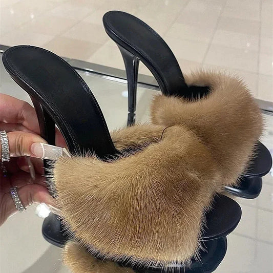 Mink fur high heels for women, sexy fish mouth leather party sandals for women