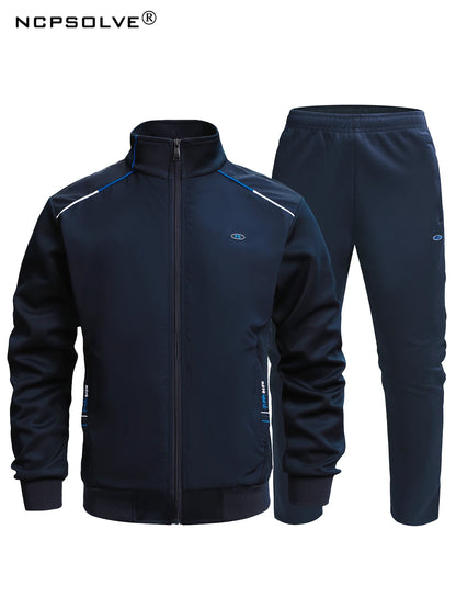2pcs Sports Suit, Men's Classic Design Stand Collar Zip Up Jacket