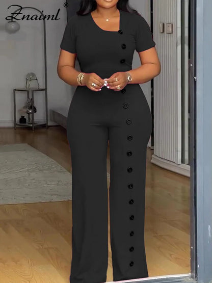 Women Elegant Long Jumpsuits for Party Summer Short Sleeve Buttons Solid Color Wide Leg Pants Rompers One Pieces Overalls