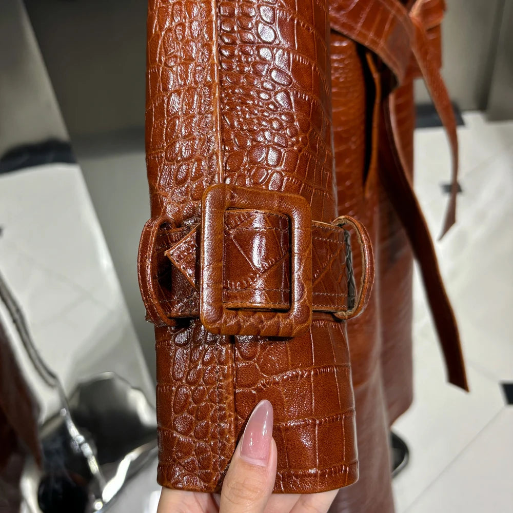 Crocodile Textured Leather Coat Long Ladies Real Sheepskin Coat Genuine Sheep Leather
