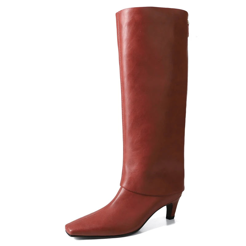 Real Sheepskin Women Knee High Boots Lady Autumn Winter Turned Over Edge Boots
