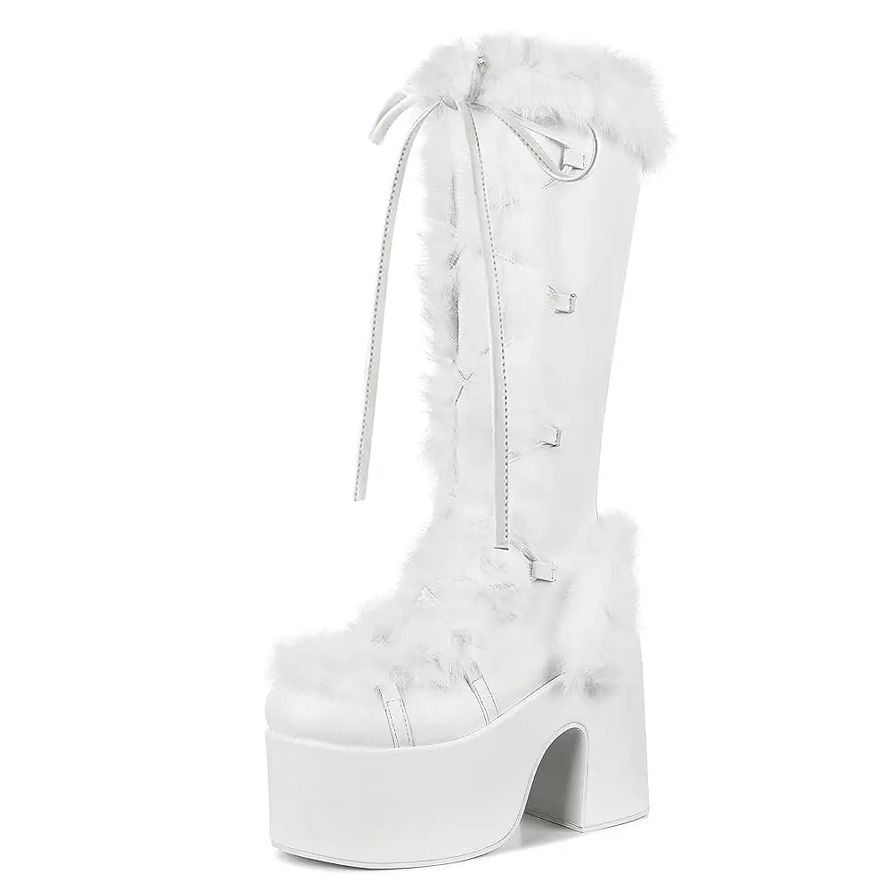 Fur Super Chunky High Heel Platform Mid-Calf Boots For Women