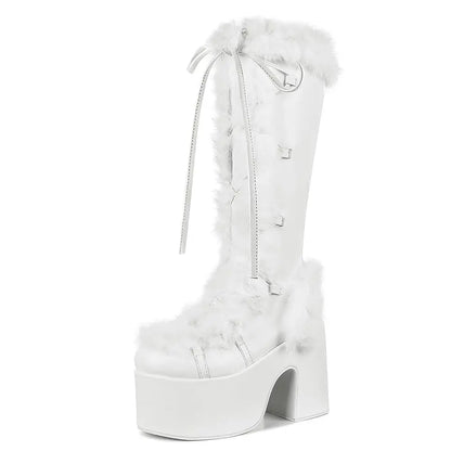 Fur Super Chunky High Heel Platform Mid-Calf Boots For Women