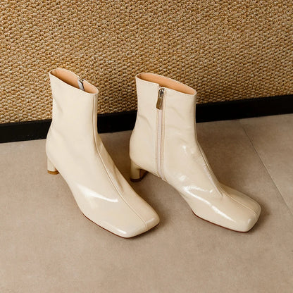 Genuine Leather Square Toe Ankle Boots