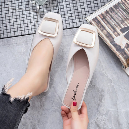Flat Retro Women Sandals Fashion Spring And Summer Solid Color Round Toe Shoes Non Slip  Simple Metal Women Shoes