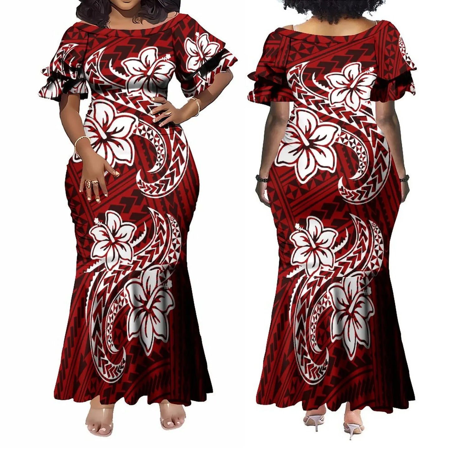 Polynesian Dress White Samoan Tribal Design Layered Ruffle Midi Mermaid Dresses Women Lady Elegant Frill dress