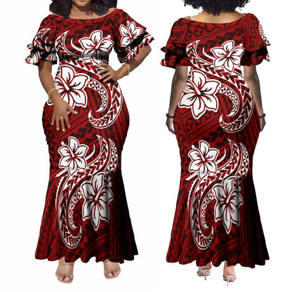 Polynesian Dress White Samoan Tribal Design Layered Ruffle Midi Mermaid Dresses Women Lady Elegant Frill dress
