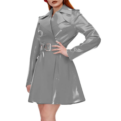 Women's Shiny PVC Leather Belted Trench Coat, Turn-down Collar Coats, Large Size, Latex Look Jackets