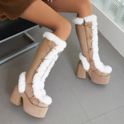 Fur Super Chunky High Heel Platform Mid-Calf Boots For Women