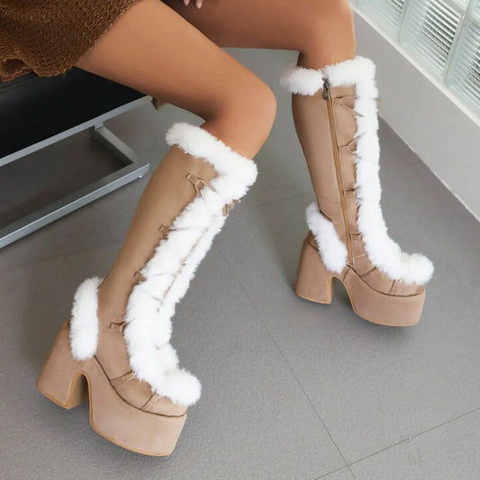 Fur Super Chunky High Heel Platform Mid-Calf Boots For Women