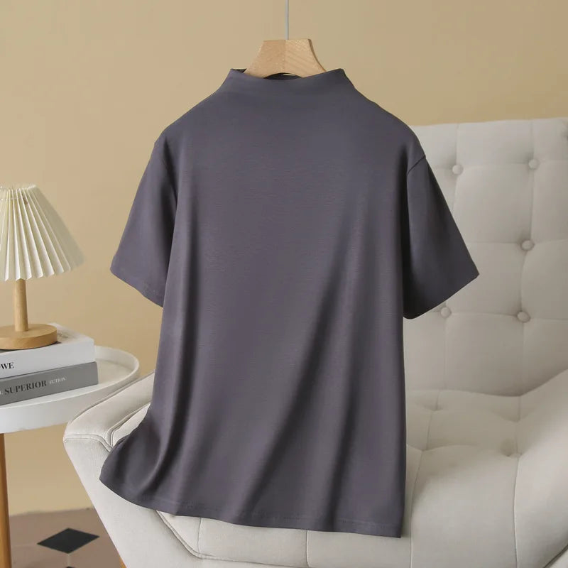 Temperament Half High Neck Solid Color Short Sleeve Tees Plus Size Women's Base T-shirt