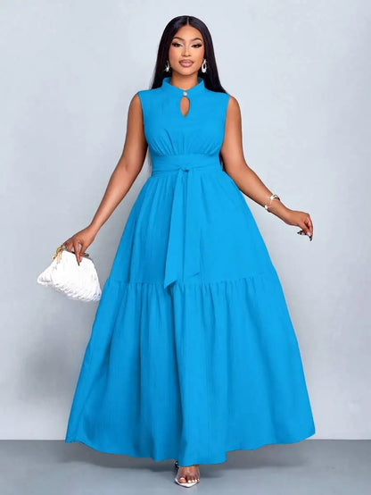 Plus Size Orange Stand Collar Sleeveless Cinched Waist Tiered Maxi Dress Casual Wear