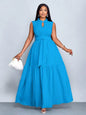 Plus Size Orange Stand Collar Sleeveless Cinched Waist Tiered Maxi Dress Casual Wear