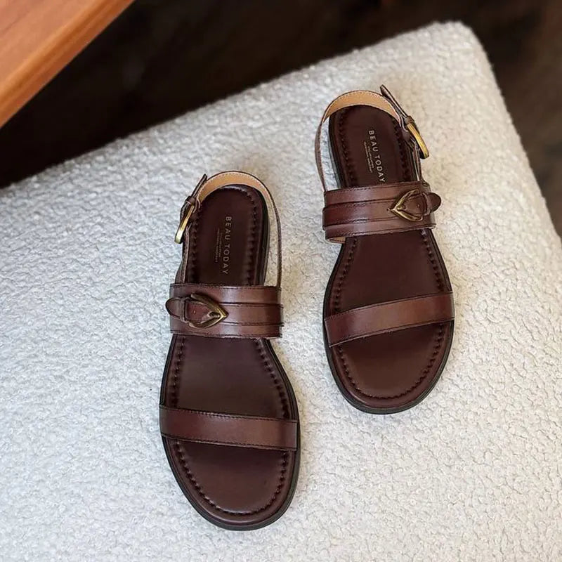 Flat Sandals Genuine Leather Metal Buckle  Slingback Low Heel Summer Retro Ladies Shoes