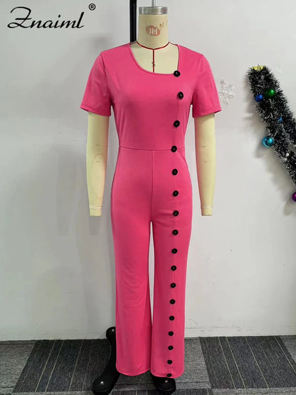 Women Elegant Long Jumpsuits for Party Summer Short Sleeve Buttons Solid Color Wide Leg Pants Rompers One Pieces Overalls