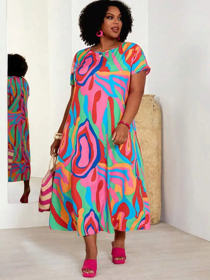 Plus Size Womens Colorful Abstract Print Midi Dress