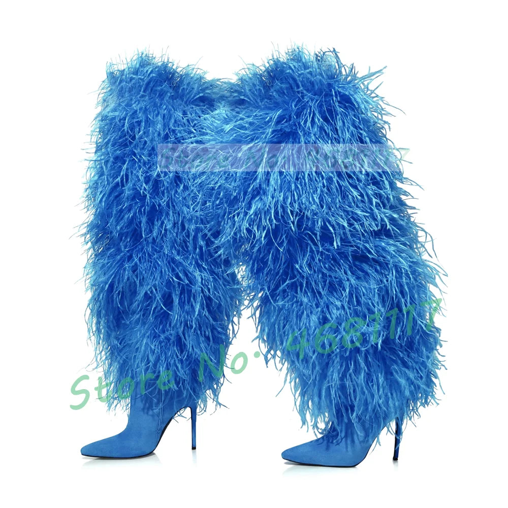 Women Fluffy Real Ostrich Feather Knee High Boots Women