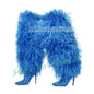 Women Fluffy Real Ostrich Feather Knee High Boots Women
