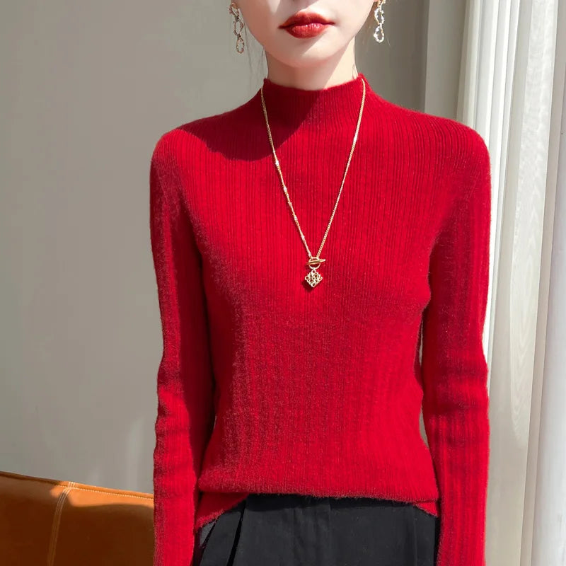Autumn And Winter  Draw Strip Half Turtleneck Sweater Long Sleeve