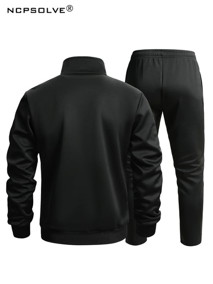 2pcs Sports Suit, Men's Classic Design Stand Collar Zip Up Jacket