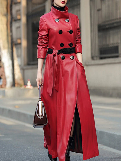 Autumn Maxi Red Pu Leather Trench Coat for Women