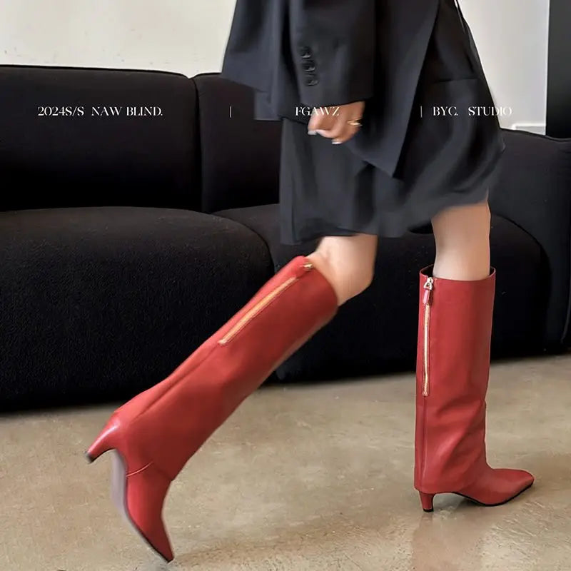 Real Sheepskin Women Knee High Boots Lady Autumn Winter Turned Over Edge Boots